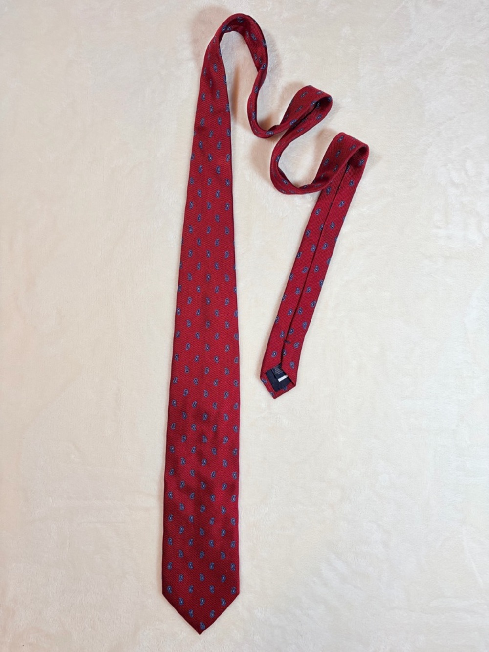 Barneys New York Red Silk Tie with Blue Paisley Accents